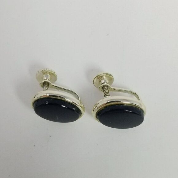 Vintage Longcraft Black Oval Clip On Earrings, Silver Tone Setting, Screw Backs - Picture 3 of 7